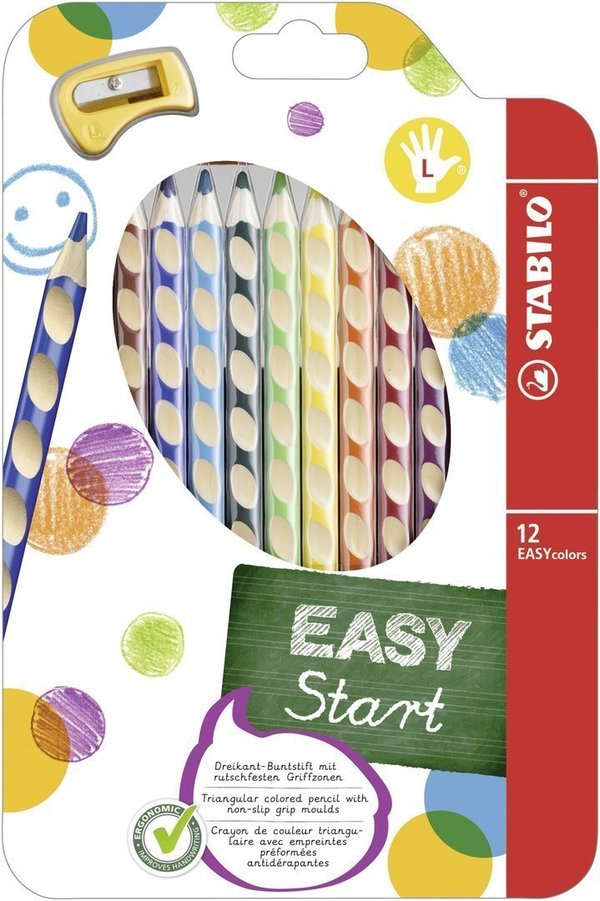 Ergonomischer Buntstift für Linkshänder | STABILO EASYcolors | 12er Pack mit Spitzer | STABILO