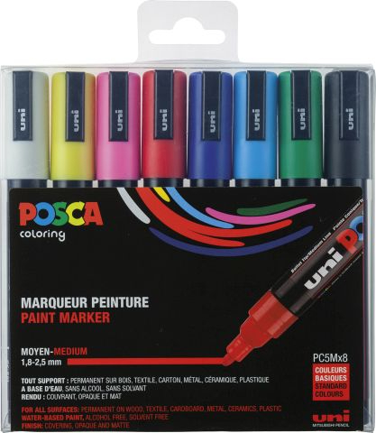 POSCA | Marker UNI POSCA PC-5M | Rundspitze mittelfein | 1.8mm - 2.5mm | Grundfarben | 8er Etui