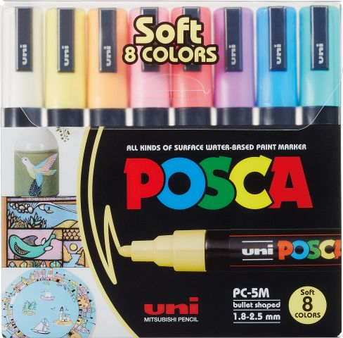 POSCA | Marker UNI POSCA PC-5M | Rundspitze mittelfein | 1.8mm - 2.5mm | Pastellfarben | 8er Etui