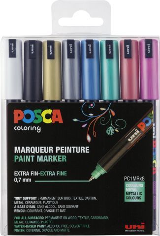 POSCA | Marker UNI POSCA PC-1MR | extra-fein Spitze | 0.7mm | METALLIC Farben | 8er Etui