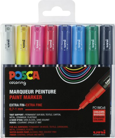POSCA | Marker UNI POSCA PC-1MC | Konische Spitze | 0.7mm - 1mm | Grundfarben | 8er Etui