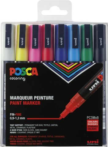 POSCA | Marker UNI POSCA PC-3M | Rundspitze fein | 0.9mm - 1.3mm | Grundfarben | 8er Etui