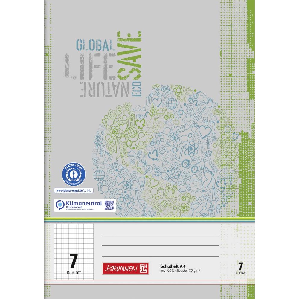 Ein Schulheft Lineatur 7 aus Recyclingpapier mit 16 Blatt im DIN A4-Format mit grauem Cover von der Marke Brunnen.