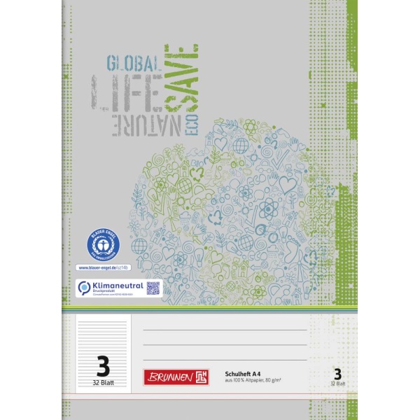 Ein Schulheft Lineatur 3 aus Recyclingpapier mit 32 Blatt im DIN A4-Format mit grauem Cover von der Marke Brunnen.