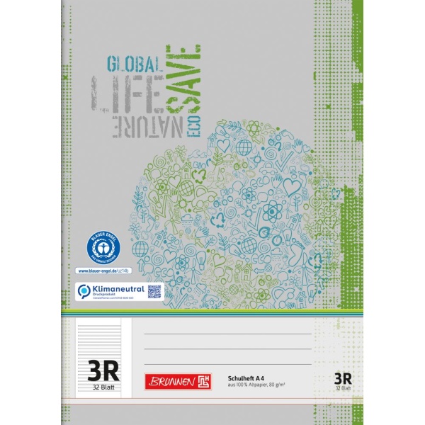 Ein Schulheft Lineatur 3R aus Recyclingpapier mit 32 Blatt im DIN A4-Format mit grauem Cover von der Marke Brunnen.