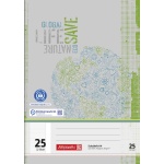 Ein Schulheft Lineatur 25 aus Recyclingpapier mit 32 Blatt im DIN A4-Format mit grauem Cover von der Marke Brunnen.