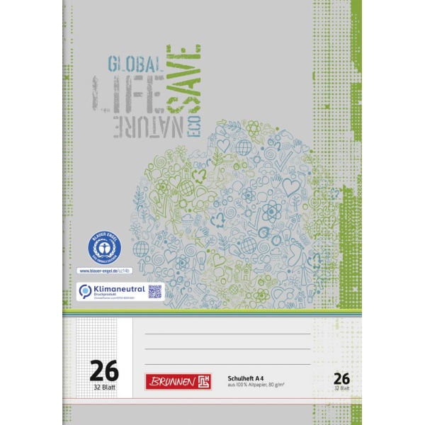 Ein Schulheft Lineatur 26 aus Recyclingpapier mit 32 Blatt im DIN A4-Format mit grauem Cover von der Marke Brunnen.