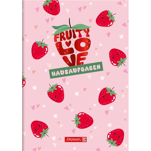 BRUNNEN Hausaufgabenheft "Fruity Love", Rosa Cover mit Erdbeeren, Herzen und "Fruity Love" Schriftzug.
