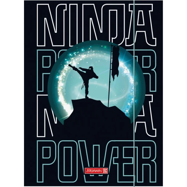 Sammelmappe mit dem Titel ‚Ninja Power‘, zeigt einen Ninja, der einen Tritt ausführt, vor einem leuchtenden blauen Mond und schwarzem Hintergrund.