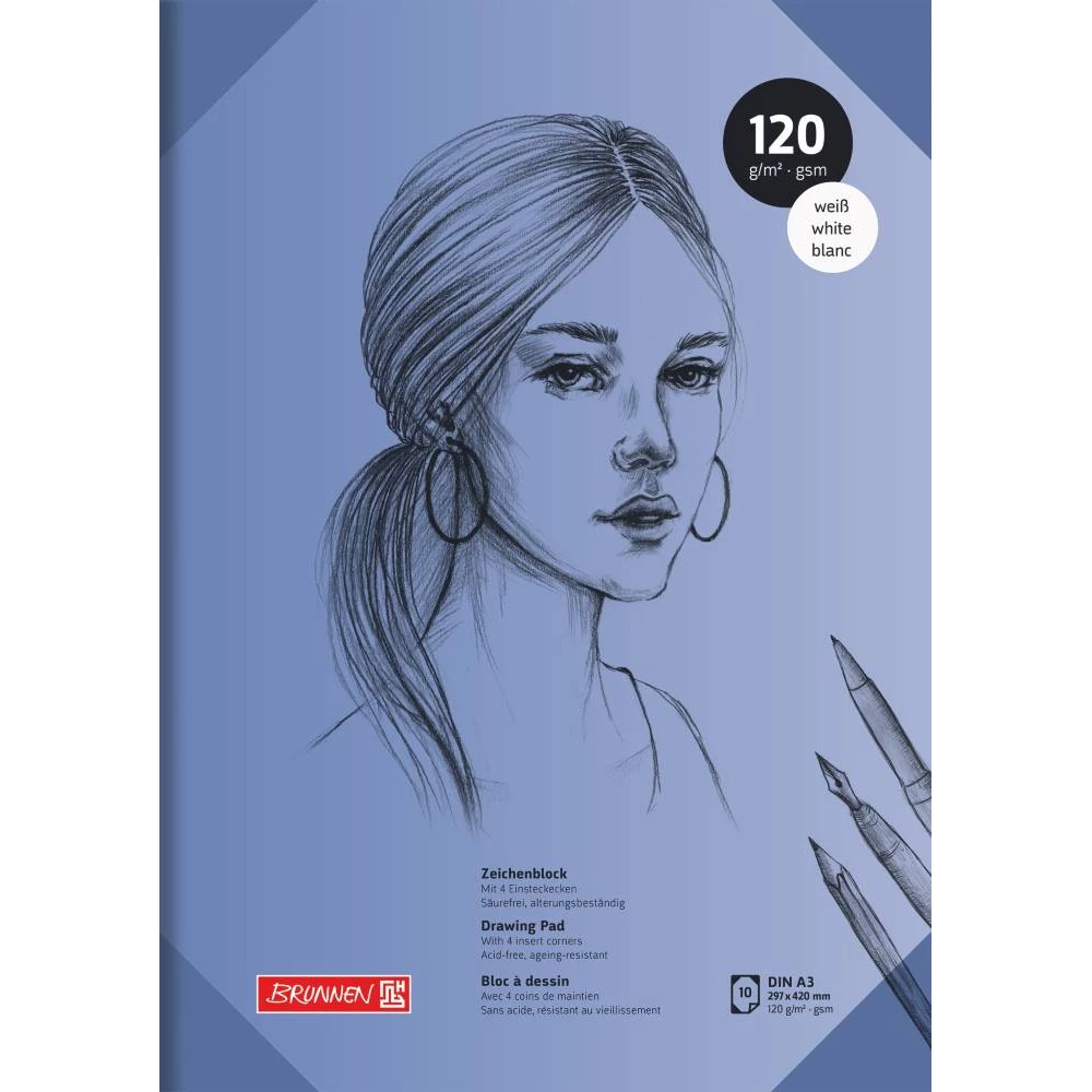 Zeichenblock | A3 | 10 Blatt | extrakräftig 120 g/m² | mit 4 Einsteckecken | BRUNNEN