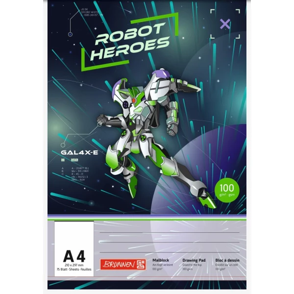 Malblock | A4 | 75 Blatt | 100 g/m² Premiumpapier | Robot Heros | BRUNNEN