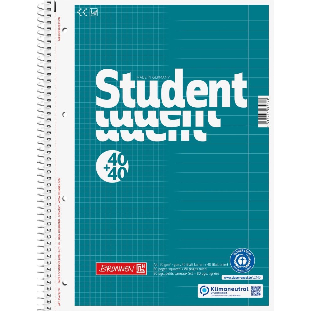 Collegeblock Blauer Engel Duo Lineatur 27 + 28 | A4 | gelocht | 80 Blatt | BRUNNEN
