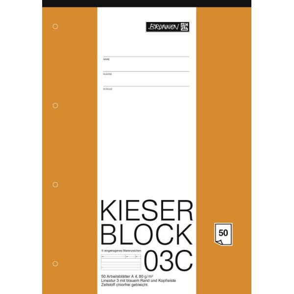 Ein Kieserblock Lineatur 03C mit 50 Blatt im DIN A4-Format mit weiß, orangenem Cover von der Marke Brunnen.