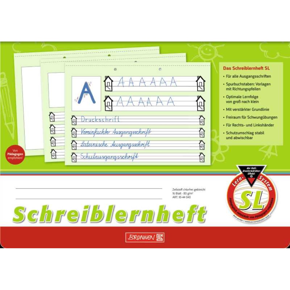 Ein Schreiblernheft Lineatur SL im DIN A4 quer Format mit einem Cover in den Farben grün, weiß und rot von der Marke Brunnen.