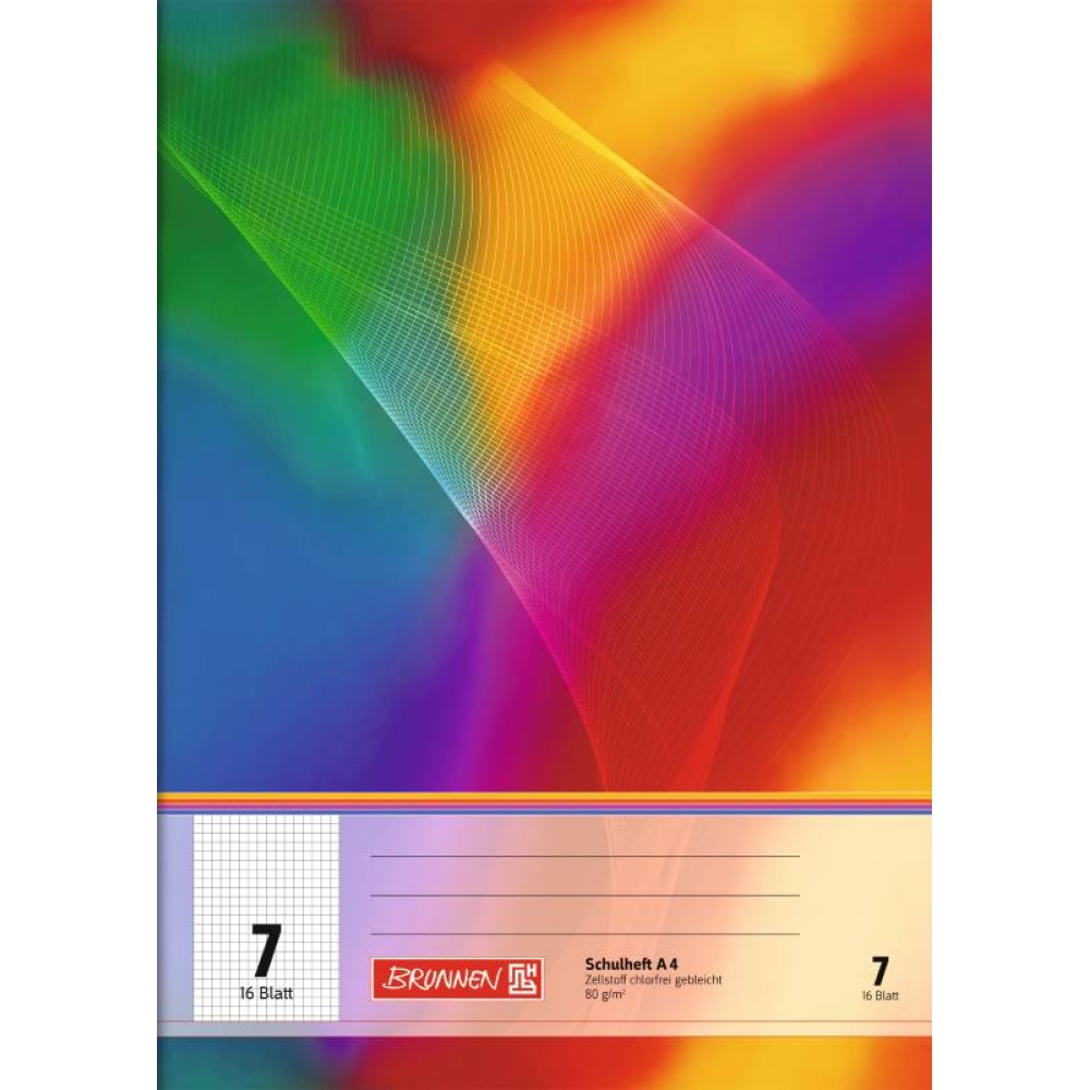 Ein Schulheft Lineatur 7 mit 16 Blatt im DIN A4-Format mit buntem Regenbogen-Cover von der Marke Brunnen.