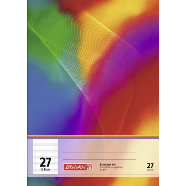 Ein Schulheft Lineatur 27 mit 16 Blatt im DIN A4-Format mit buntem Regenbogen-Cover von der Marke Brunnen.