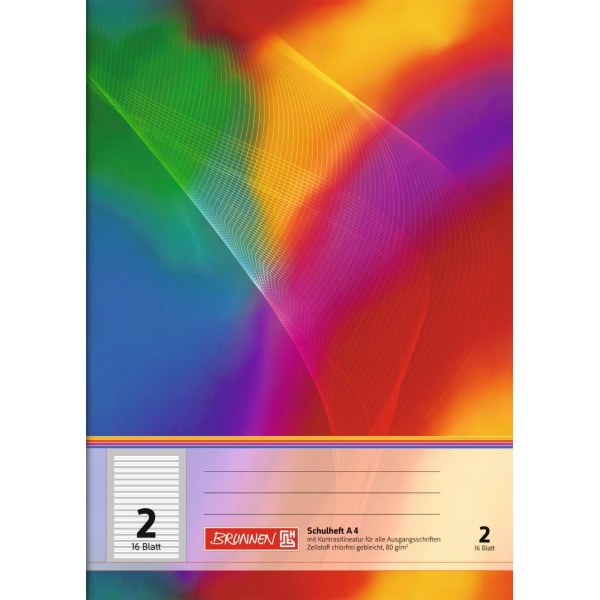 Ein Schulheft Lineatur 2 mit 16 Blatt im DIN A4-Format mit buntem Regenbogen-Cover von der Marke Brunnen.