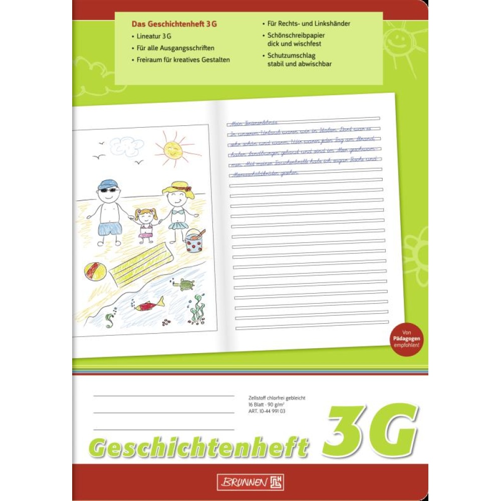 Ein Geschichtenheft Lineatur 3G im DIN A4-Format mit einem Cover in den Farben grün, weiß und rot von der Marke Brunnen.