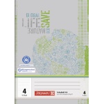 Ein Schulheft Lineatur 4 aus Recyclingpapier mit 16 Blatt im DIN A5-Format mit grauem Cover von der Marke Brunnen.