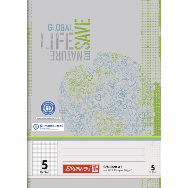 Ein Schulheft Lineatur 5 aus Recyclingpapier mit 16 Blatt im DIN A5-Format mit grauem Cover von der Marke Brunnen.