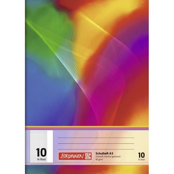 Ein Schulheft Lineatur 10 mit 16 Blatt im DIN A5-Format mit buntem Regenbogen-Cover von der Marke Brunnen.