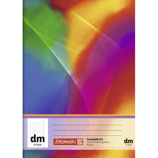 Ein Schulheft Lineatur dm mit 16 Blatt im DIN A5-Format mit buntem Regenbogen-Cover von der Marke Brunnen.