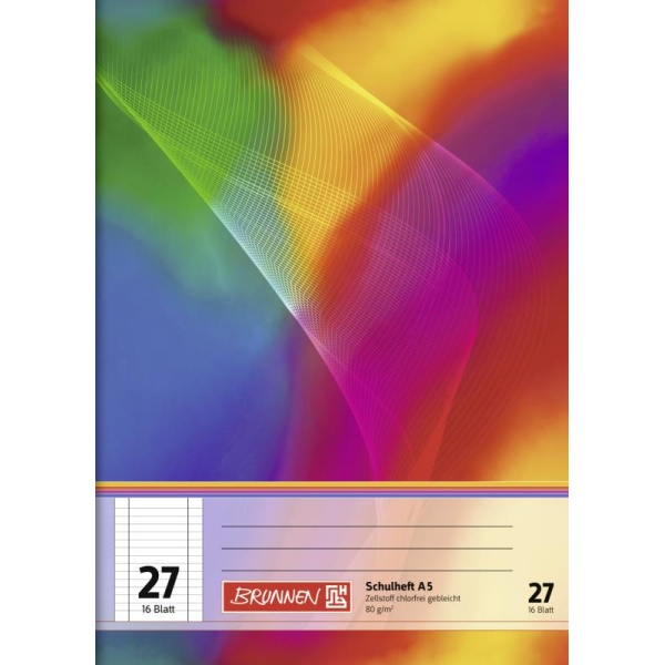 Ein Schulheft Lineatur 27 mit 16 Blatt im DIN A5-Format mit buntem Regenbogen-Cover von der Marke Brunnen.
