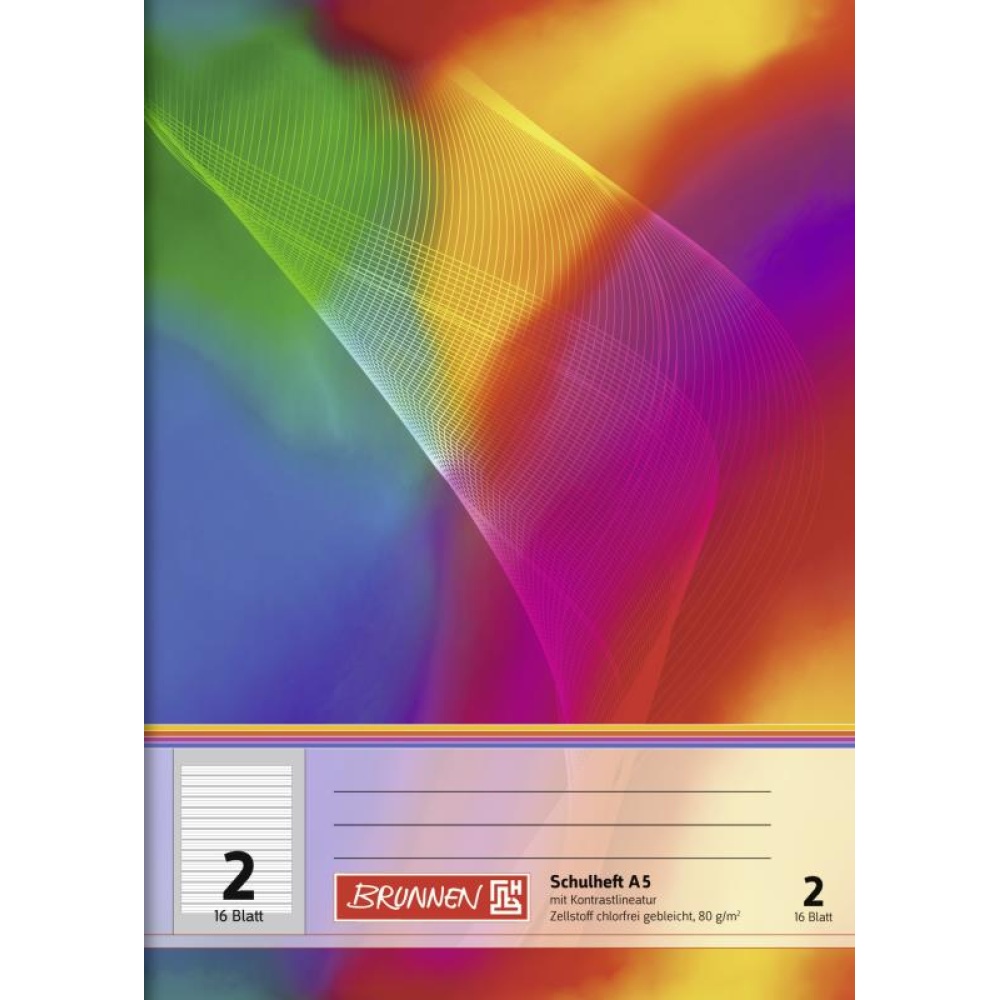 Ein Schulheft Lineatur 2 mit 16 Blatt im DIN A5-Format mit buntem Regenbogen-Cover von der Marke Brunnen.