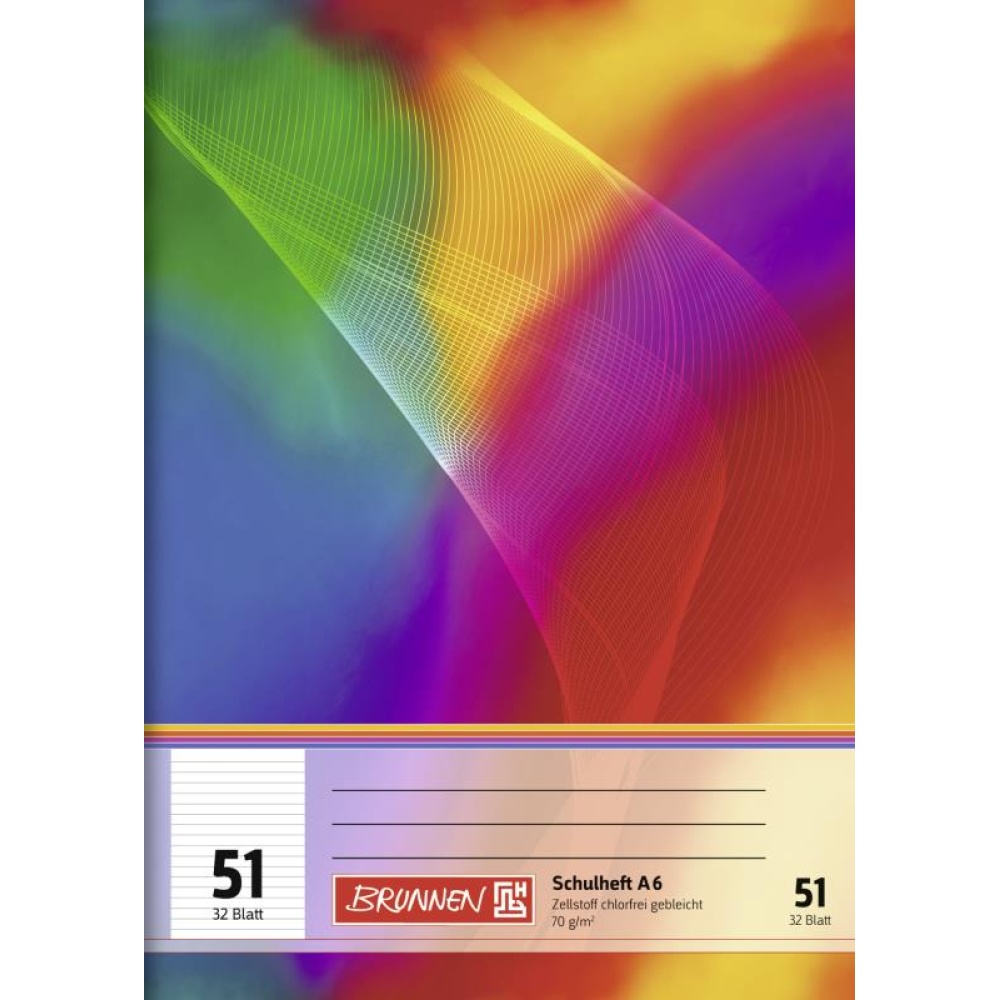 Ein Schulheft Lineatur 51 mit 32 Blatt im DIN A6-Format mit buntem Regenbogen-Cover von der Marke Brunnen.
