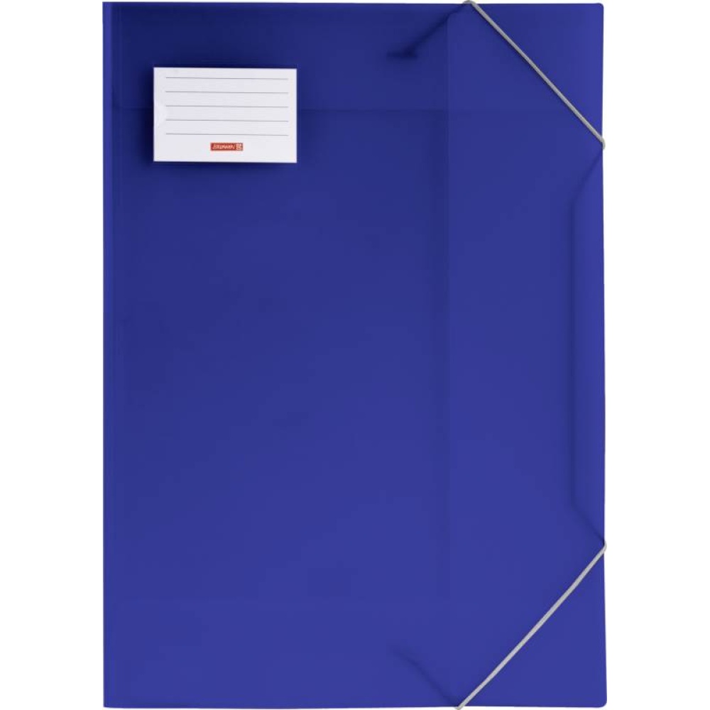 Eine blaue, transluzente Sammelmappe mit Namensschild im DIN-A3 Format und zwei Eckspanngummis von der Marke Brunnen.