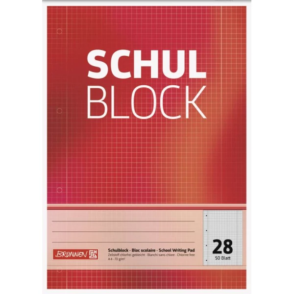 Ein Schulblock Lineatur 28 mit 50 Blatt im DIN A4-Format mit rotem Cover von der Marke Brunnen.