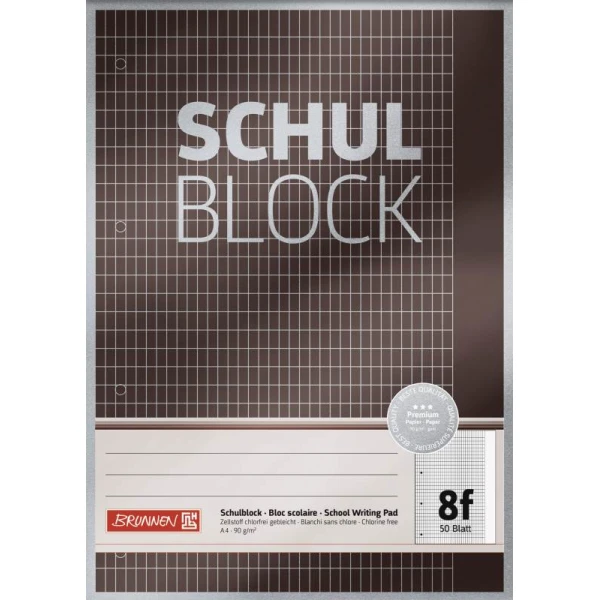 Ein Schulblock Lineatur 8f mit 50 Blatt im DIN A4-Format mit braunem Metallic-Cover von der Marke Brunnen.
