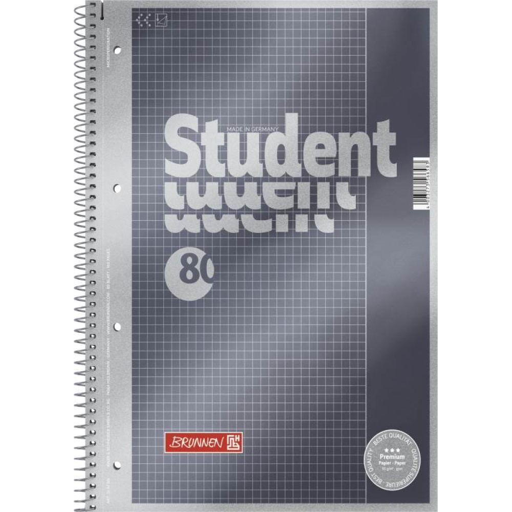 Ein Collegeblock Lineatur 26 mit 80 Blatt im DIN A4-Format mit grauem Metallic-Cover und Spiralbindung links von Brunnen.