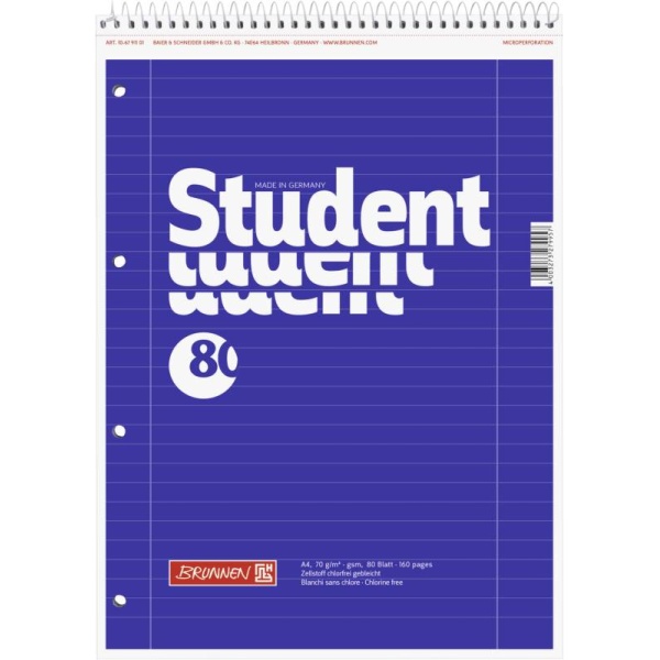 Ein Collegeblock Lineatur 27 mit 80 Blatt im DIN A4-Format mit blauem Cover und Spiralbindung oben von Brunnen.