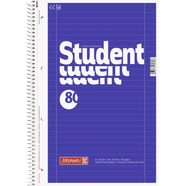 Ein Collegeblock Lineatur 27 mit 80 Blatt im DIN A4-Format mit blauem Cover und Spiralbindung links von der Marke Brunnen.