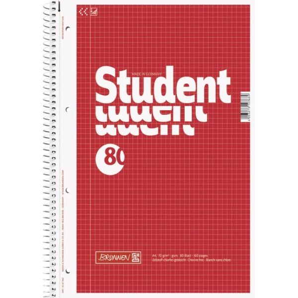 Ein Collegeblock Lineatur 22 mit 80 Blatt im DIN A4-Format mit rotem Cover und Spiralbindung links von der Marke Brunnen.