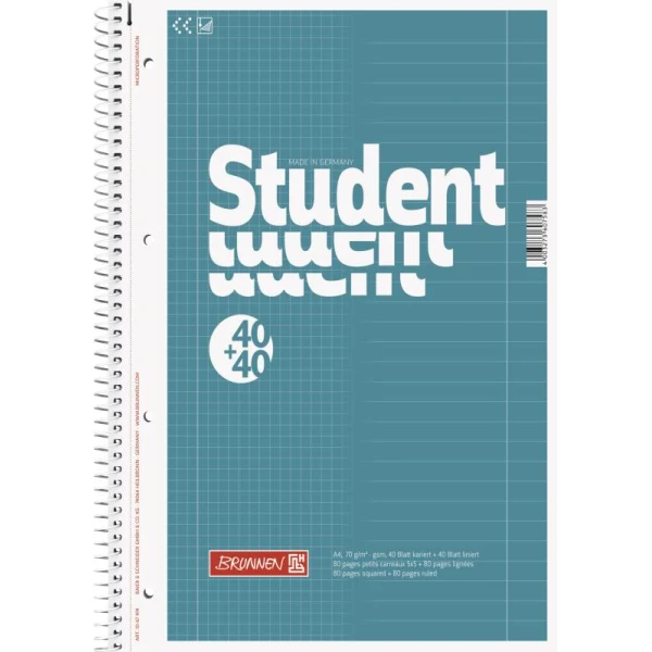 Ein Collegeblock DUO mit 80 Blatt im DIN A4-Format mit türkisem Cover und Spiralbindung links von der Marke Brunnen.