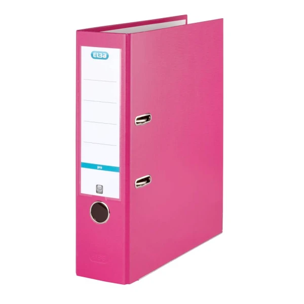 Breiter pinker Ordner mit Beschriftungsfeld und Griffloch, stehend in seitlicher Ansicht.