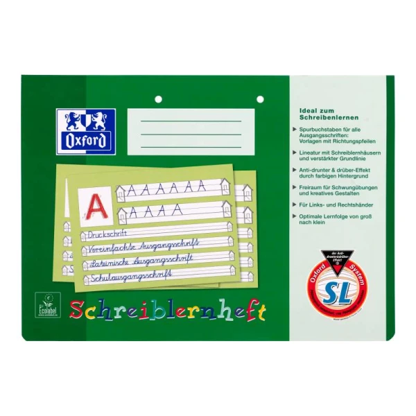 Ein Schreiblernheft Lineatur SL im DIN A4 quer Format mit einem Cover in den Farben grün und mint von der Marke Oxford.