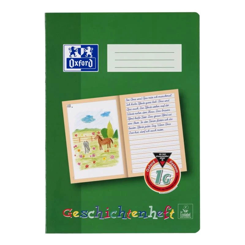 Ein Geschichtenheft Lineatur 1G im DIN A4-Format mit einem Cover in den Farben grün und dunkelgrün von der Marke Oxford.