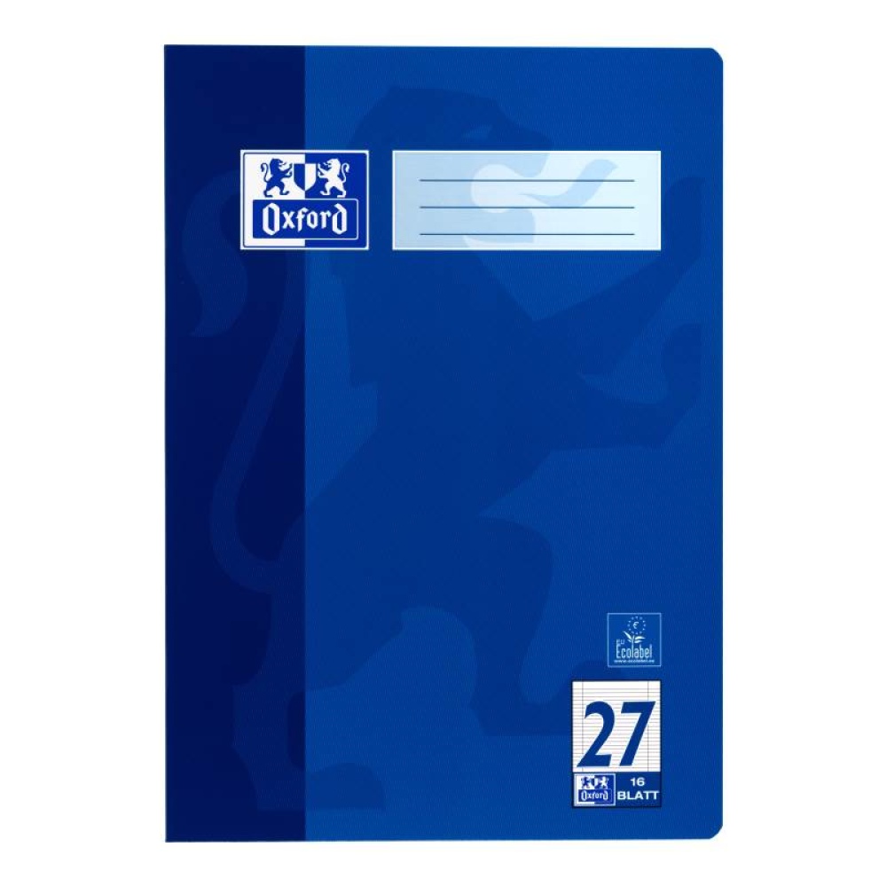 Ein Schulheft Lineatur 27 mit 16 Blatt im DIN A4-Format mit blauem Cover von der Marke Oxford.