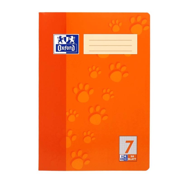 Ein Schulheft Lineatur 7 mit 32 Blatt im DIN A4-Format mit orangenem Cover von der Marke Oxford.
