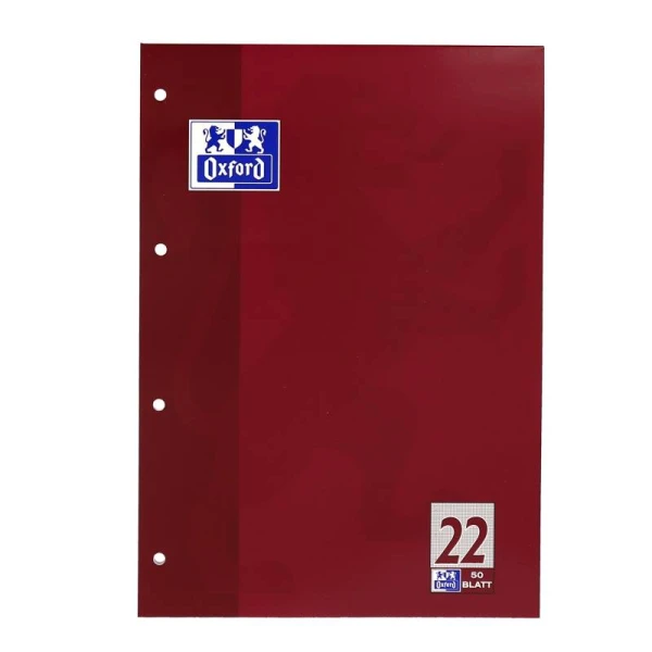 Ein Schulblock Lineatur 22 im DIN A4-Format mit dunkelrotem Cover von Oxford.
