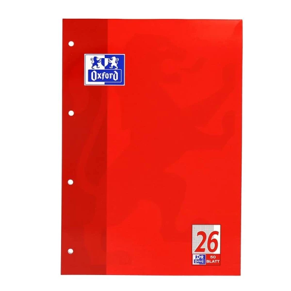 Ein Schulblock Lineatur 26 im DIN A4-Format mit rotem Cover von Oxford.