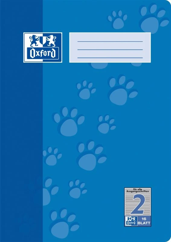 Ein Schulheft Lineatur 2 mit 16 Blatt im DIN A4-Format mit blauem Cover von der Marke Oxford.