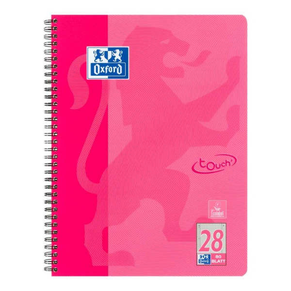 Ein Collegeblock Lineatur 28 im DIN A4-Format mit rosa Cover und Spiralbindung links von Oxford.