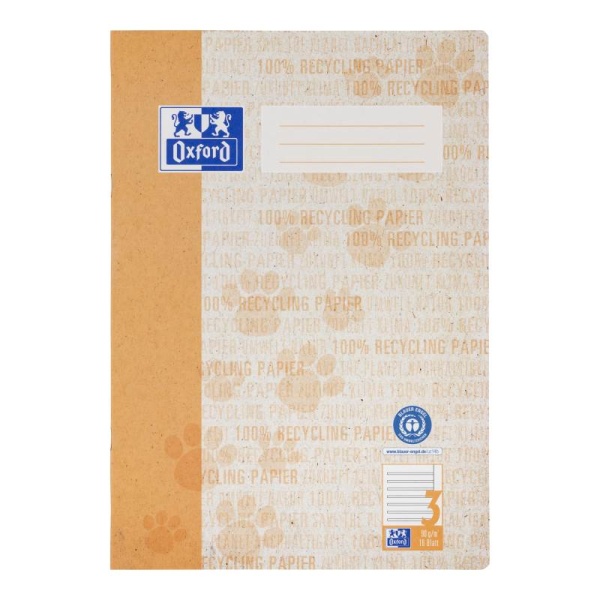 Ein Schulheft Lineatur 3R aus Recyclingpapier mit 16 Blatt im DIN A4-Format mit Cover in den Farben orange und grau von Oxford.