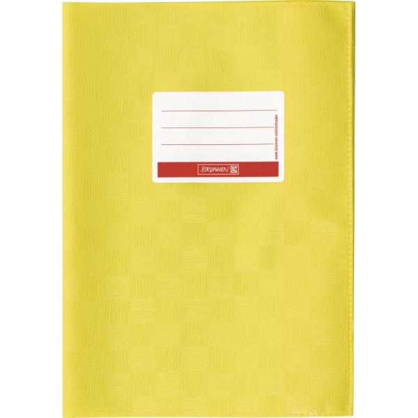 Eine gelbe Hefthülle aus Plastik im DIN A4-Format mit Namensetikett.