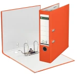 Breiter orangener Leitz-Ordner mit Hebelmechanik, Griffloch und Beschriftungsfeld, teilweise geöffnet und stehend.