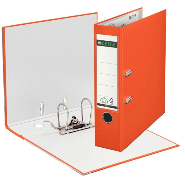 Breiter orangener Leitz-Ordner mit Hebelmechanik, Griffloch und Beschriftungsfeld, teilweise geöffnet und stehend.